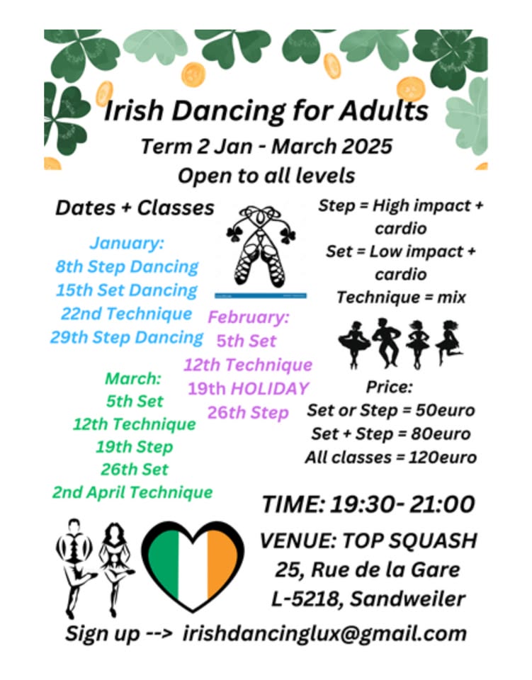 Cours de danse irlandaise pour adultes - trimestre 2 Jan - Mars 2025