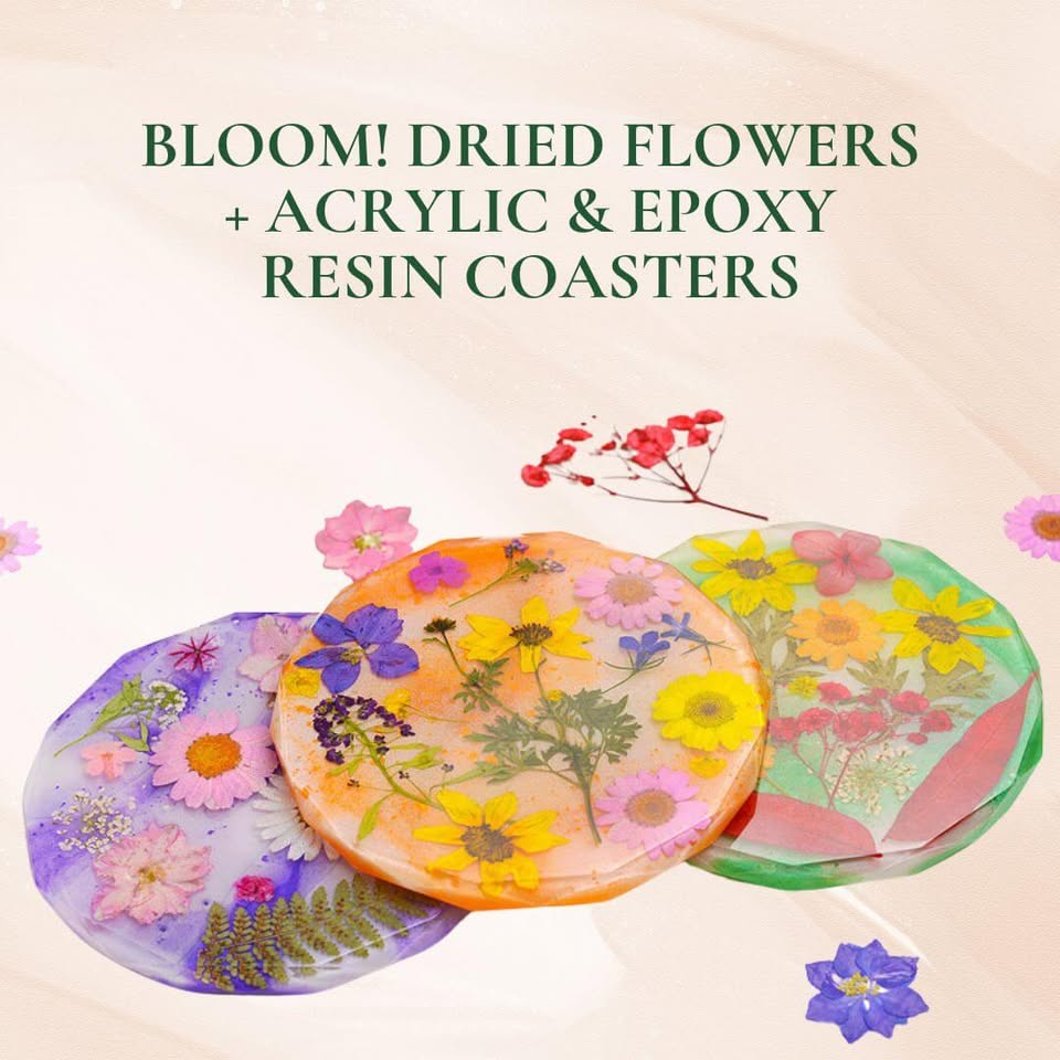 Bloom! Fleurs séchées + sous-verres en résine acrylique et époxy